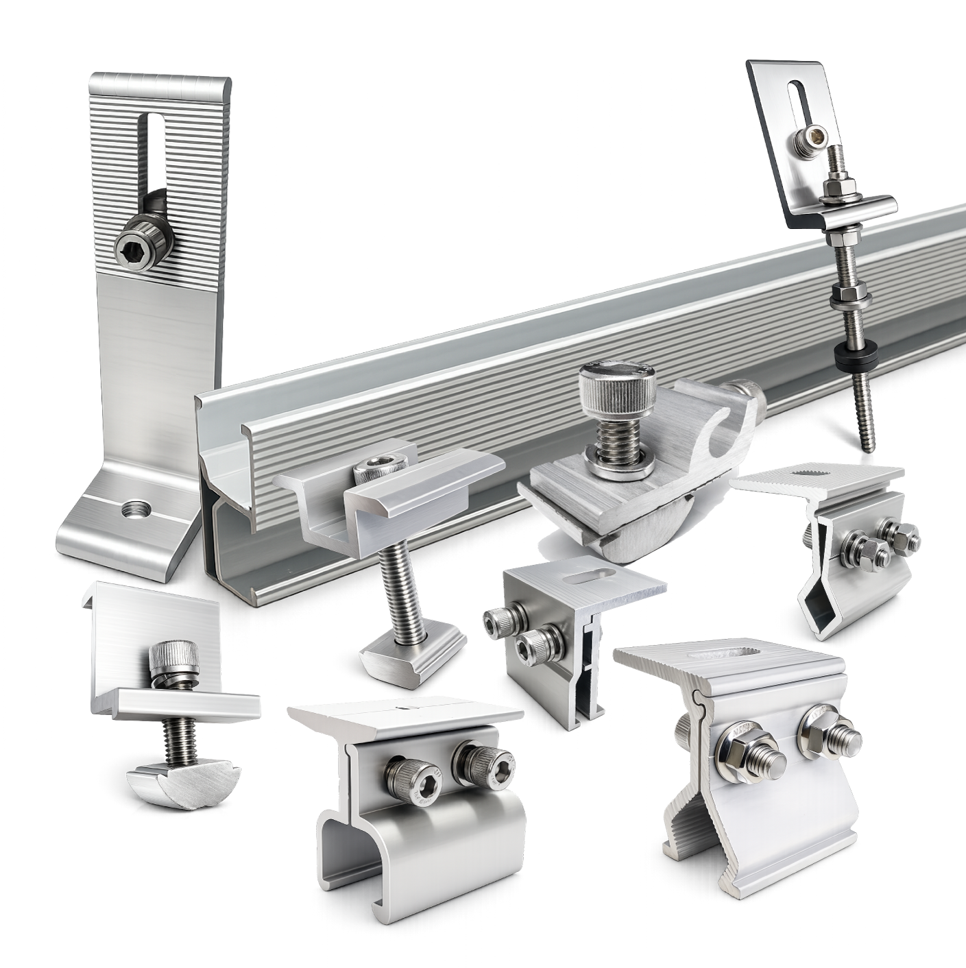 solar mounting hardware with aluminum rail and clamps for rooftop installation